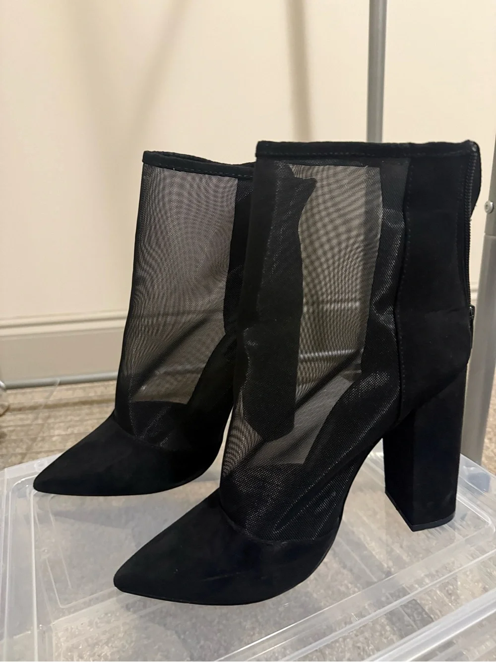 Forever 21 Black Mesh & Suede Pointed Block Heel Ankle Boots